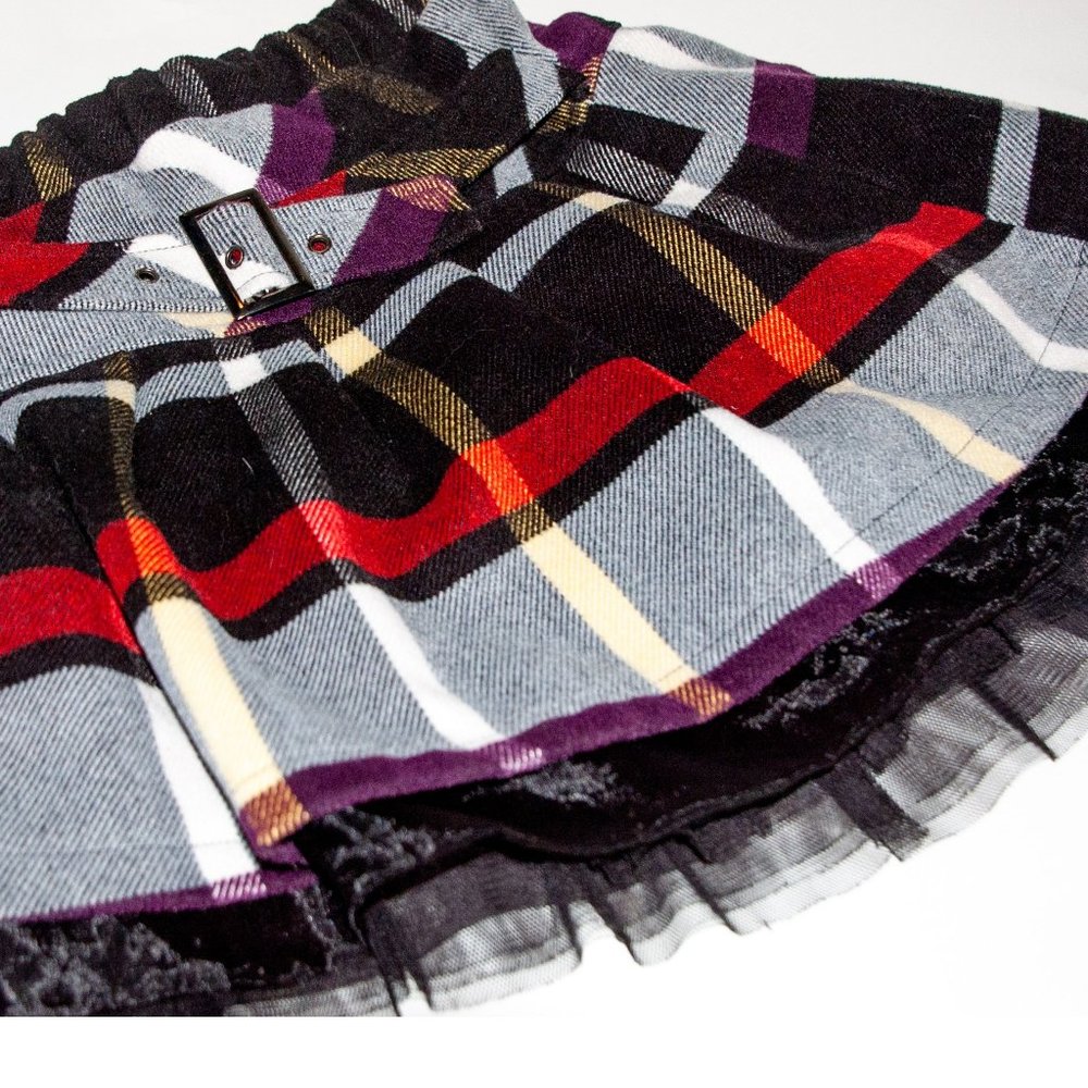 Dark Red Plaid Mini Skirt with Black Tulle